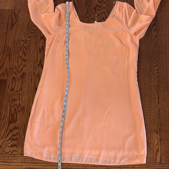 Hello Miss peach shift mini Dress Bishop 3/4 Sleeves long back zipper V back L - Picture 14 of 14